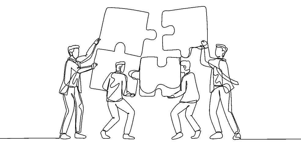 Line drawing of four people fitting puzzle pieces together