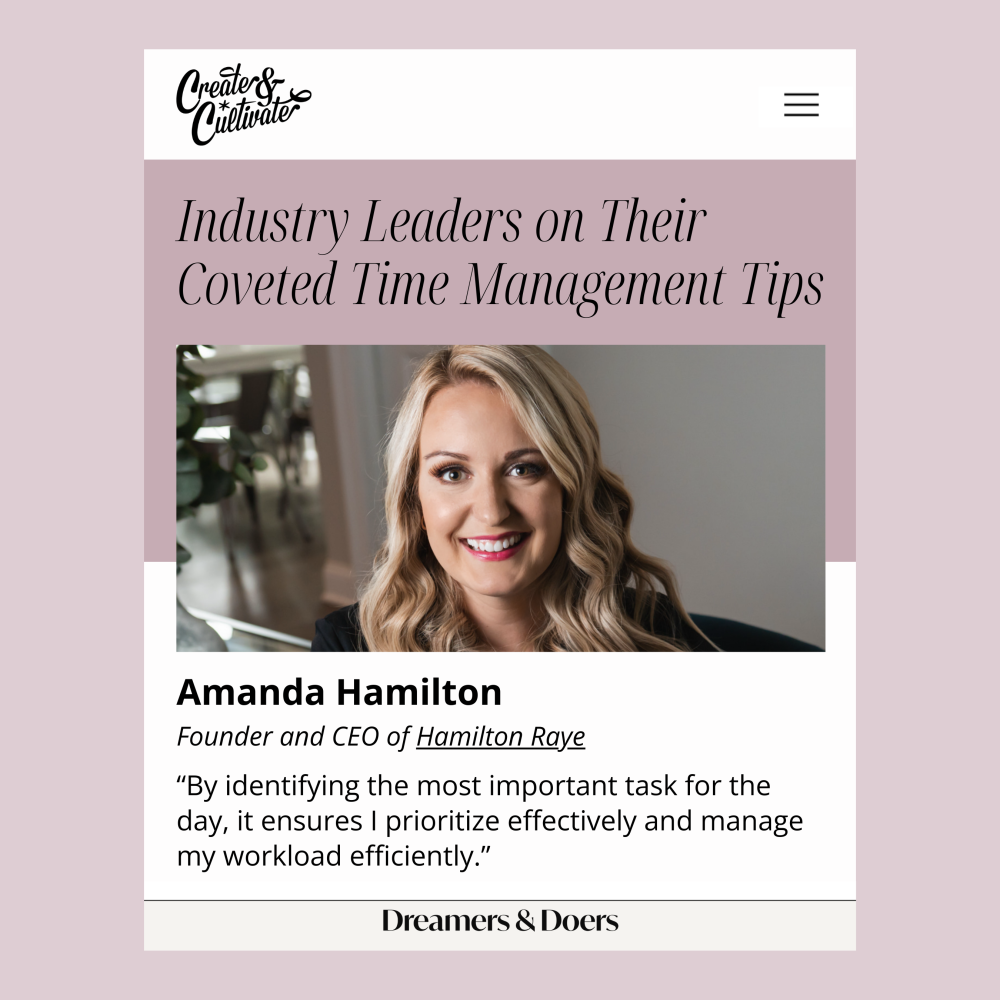 Image of founder Amanda Hamilton and her feature in Create & Cultivate article.